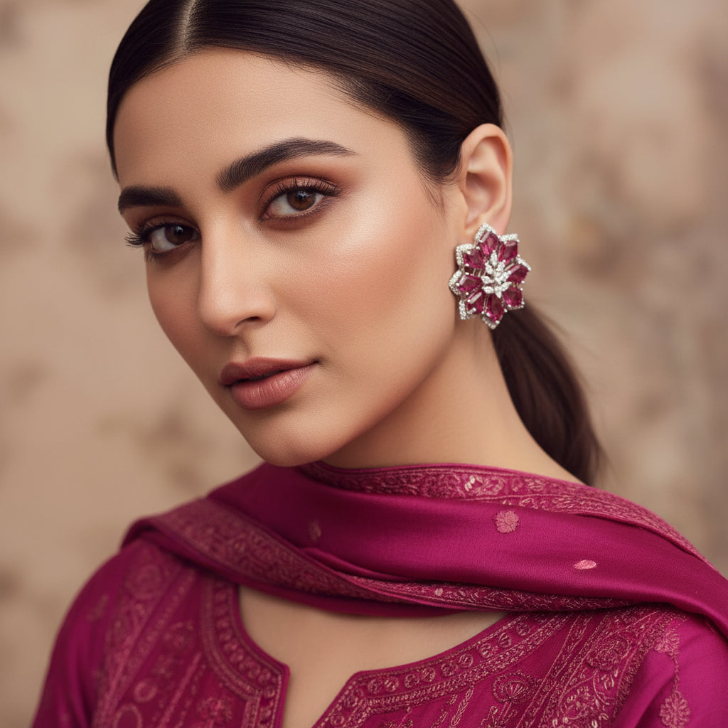 Pair of red floral earrings with silver accents on a pink background