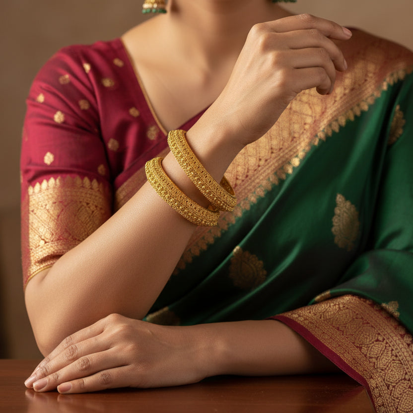 Pair of gold hoop earrings on a black stand against a gray background