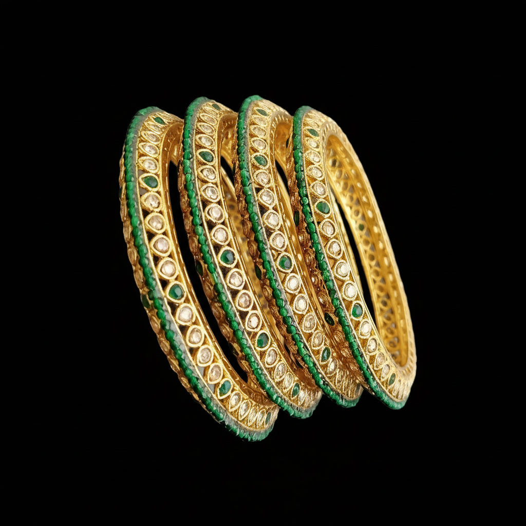 Set of gold and green bangles on a gray background with 'SAHELI' branding.