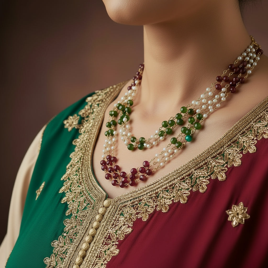 Necklace with red and green beads on a gray background, branded 'SAHELI'.