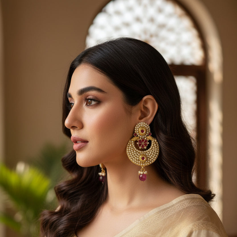 Gold and red earrings with 'SAHELI' branding on a dark background