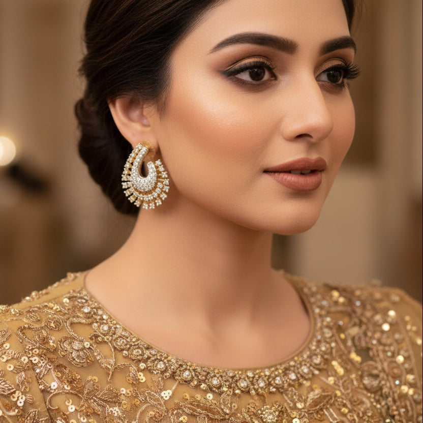 Gold and diamond earrings on a gray background with 'Saheli' branding.
