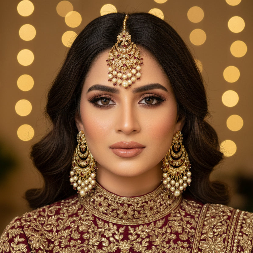 Ornate gold and pearl jewelry set with red stones on a dark background, featuring the brand 'Saheli'.