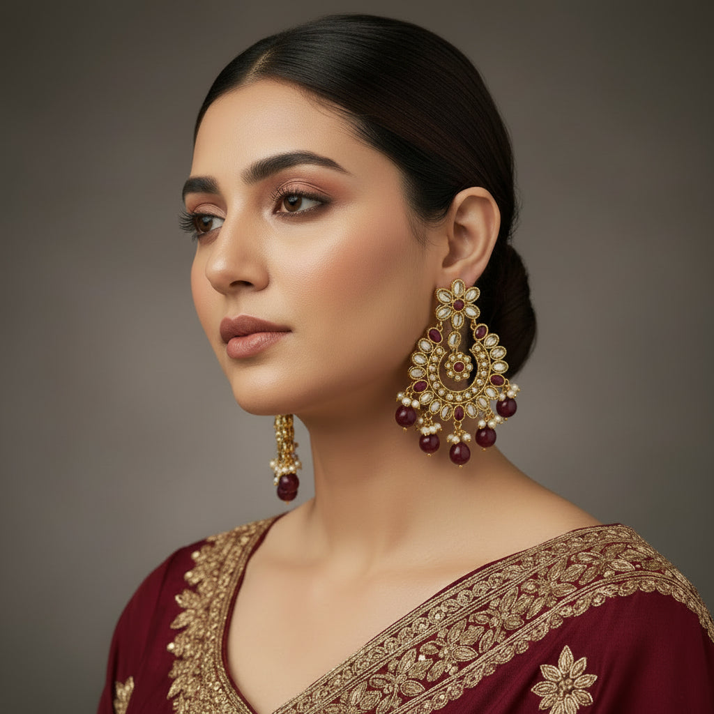 Gold and red gemstone earrings on a dark background with 'Saheli' branding.