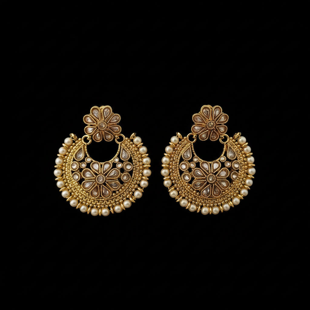 A pair of gold-toned Indian jhumka earrings with intricate beadwork, floral motifs, and small white faux pearls, displayed on a dark reflective surface. The brand logo 'SAHELI MY BESTFRIEND' is visible at the top center.