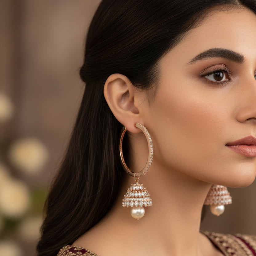 Pair of gold earrings on a gray stand with 'SAHELI' branding.