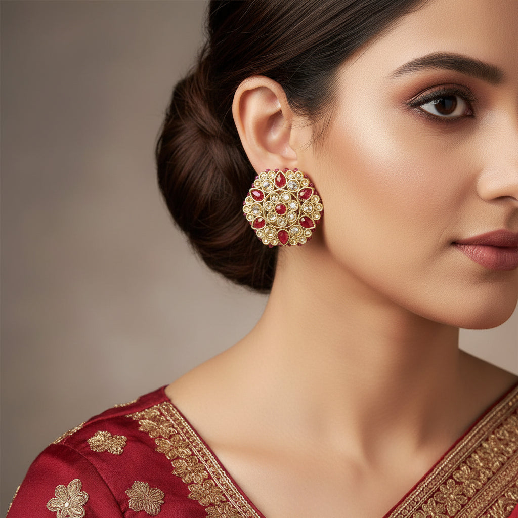 Pair of gold and red earrings on a gray background with 'SAHELI' branding.
