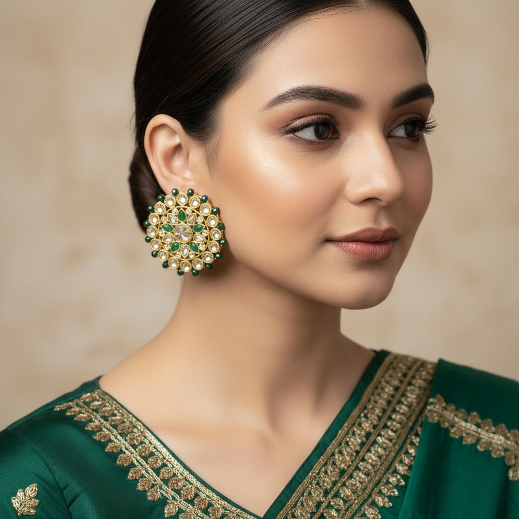 Ornate earrings with green and gold details on a dark background, featuring the brand 'SAHELI'.