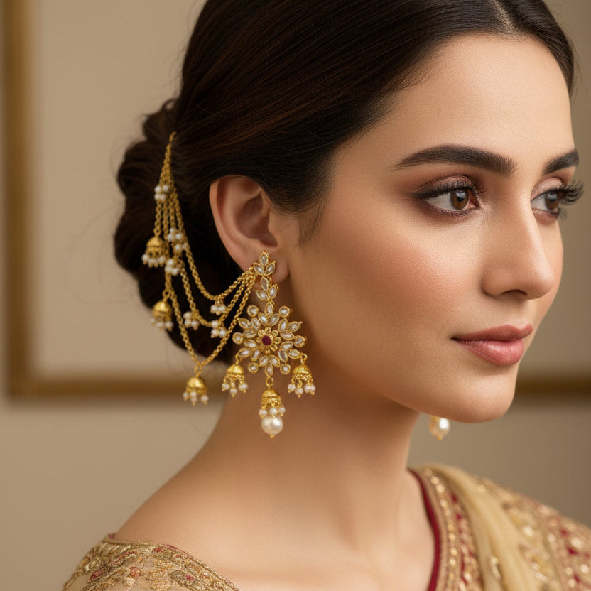 Woman wearing traditional embroidered saree with gold jewelry
