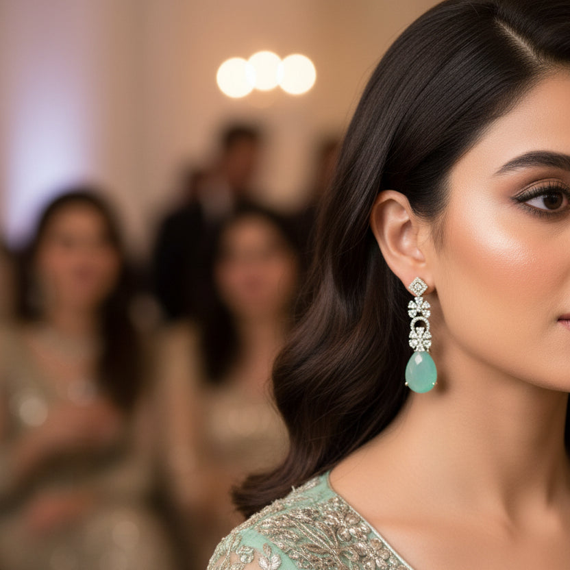 Pair of earrings with green teardrop stones and diamond-like accents on a dark background