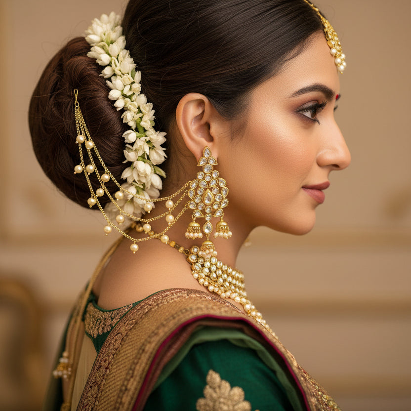 Gold necklace and earrings set with 'Saheli' branding on a dark background