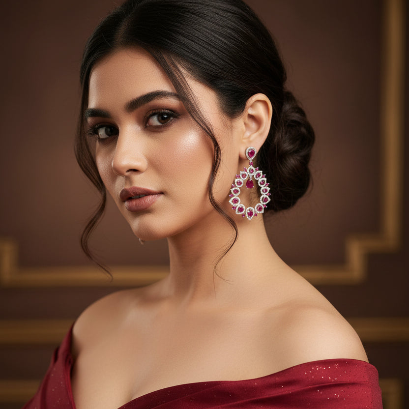 Pair of earrings with pink gemstones on a gray background