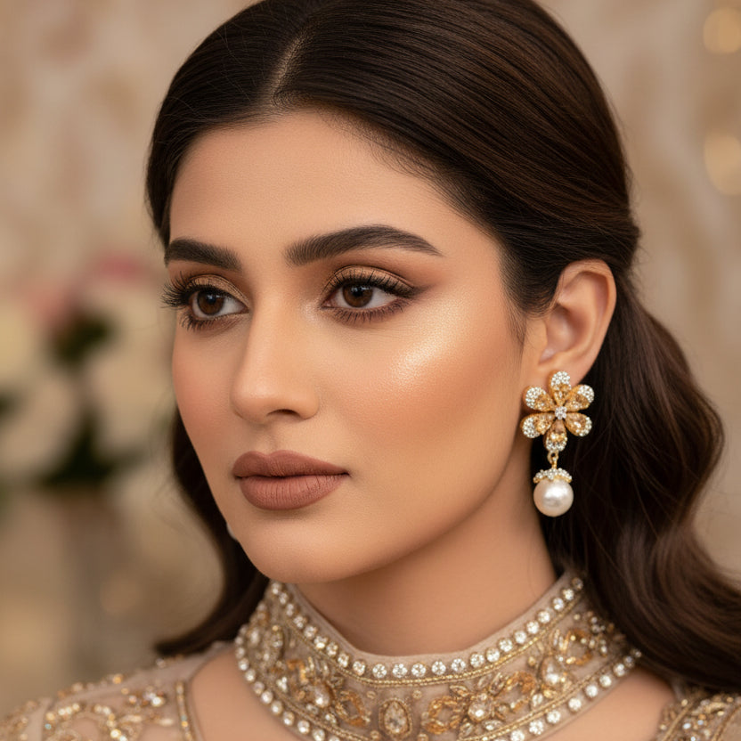 Gold and pearl earrings on a dark stand with 'SAHELI' branding.