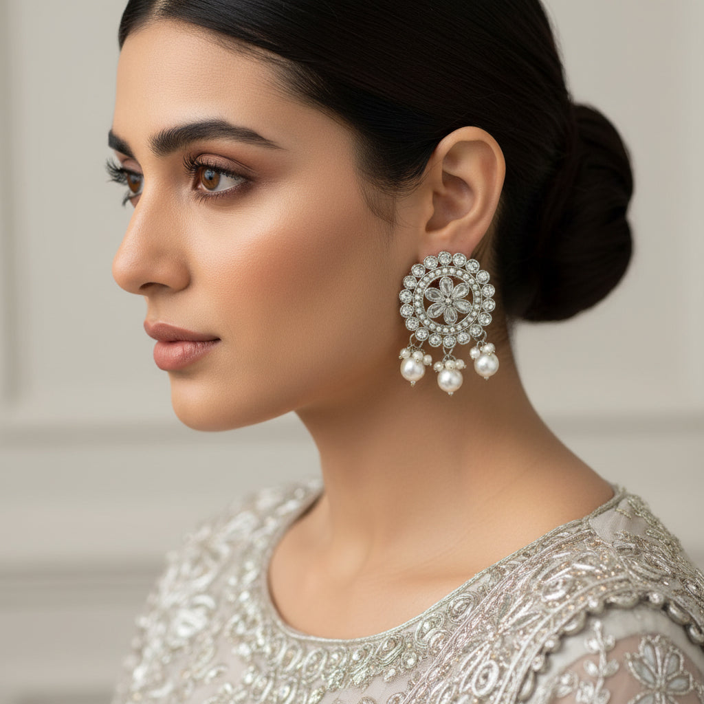 Pair of silver floral earrings with pearl beads on a black background