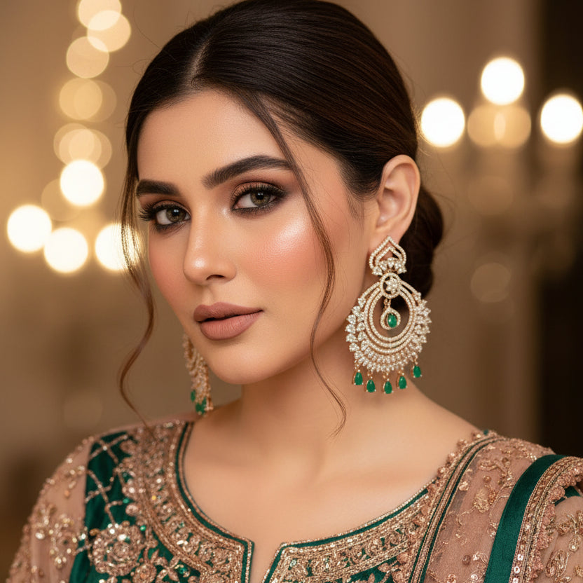 Ornate earrings with green gemstones on a black background, branded 'Saheli'.