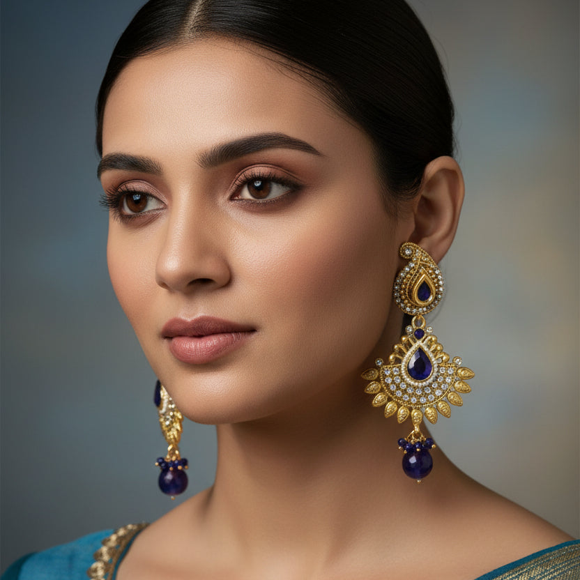 Pair of gold and blue earrings on a black background
