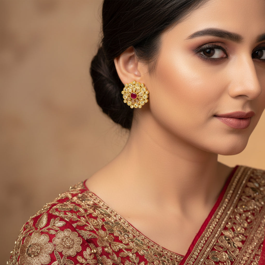 Gold floral earrings with red center on a black background, branded 'Saheili'.