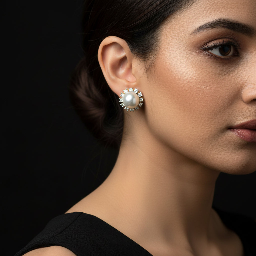 Pearl earrings with gold and diamond accents on a dark background, branded 'SAHELI'.