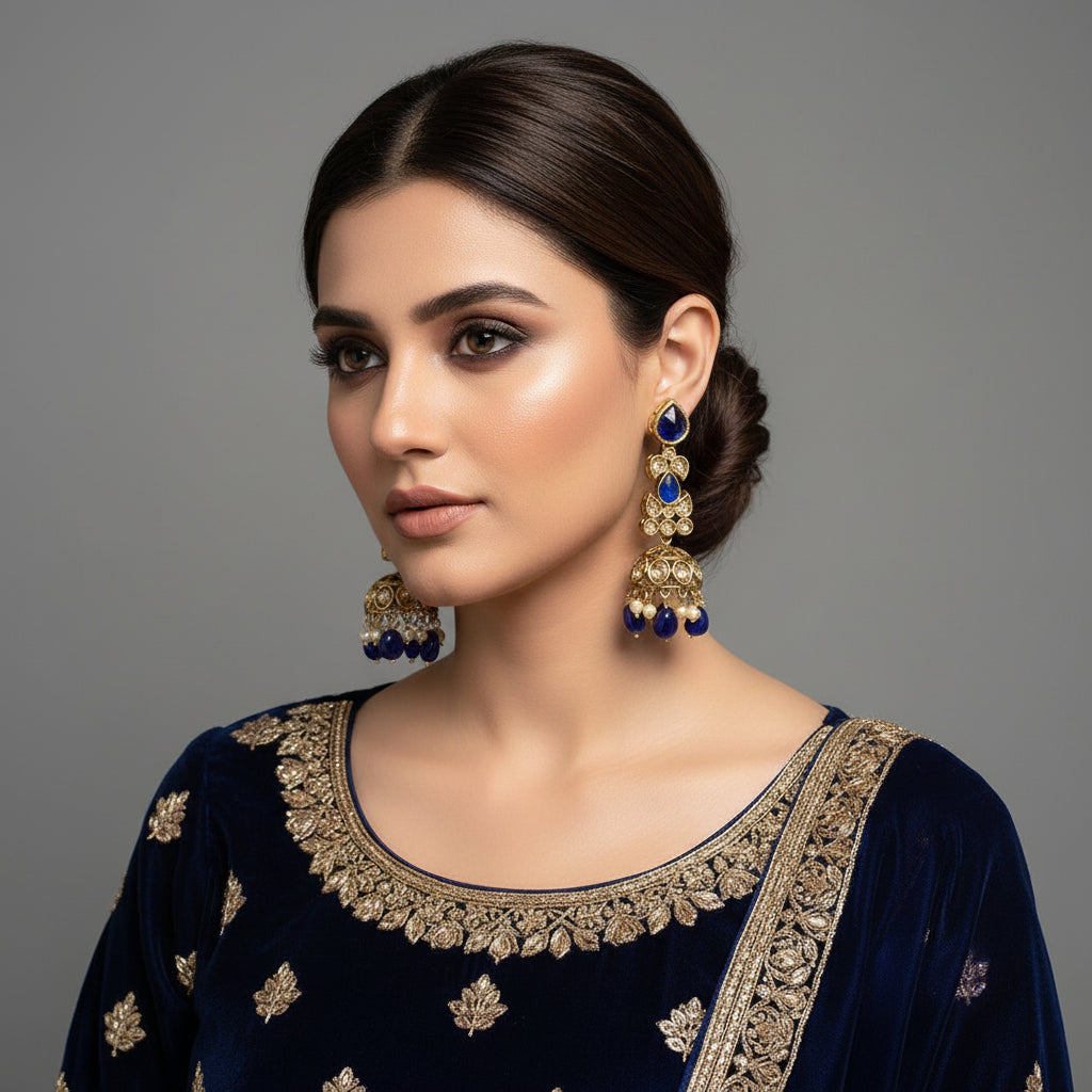 Gold and blue earrings on a gray stand with 'SAHELI' branding.