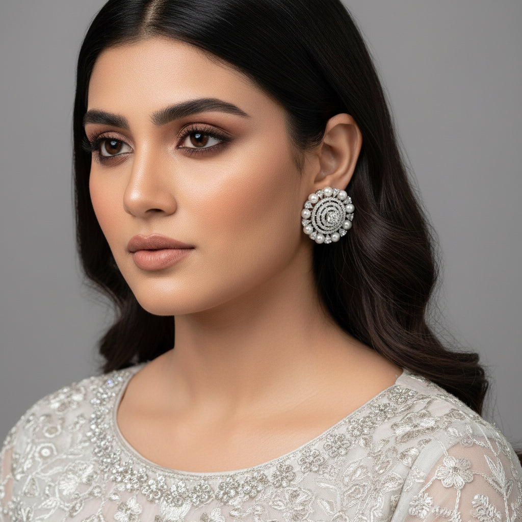 Pair of pearl and diamond earrings on a black background