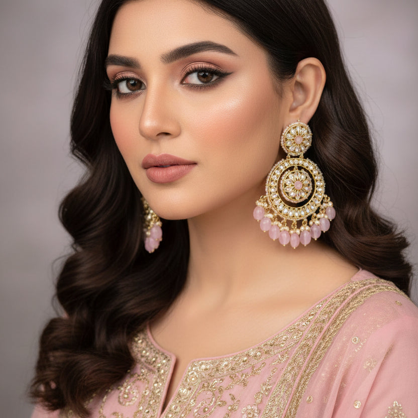 Gold and pink earrings on a dark background with 'Saheli' branding.