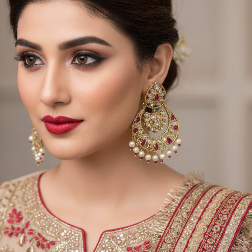 Pair of ornate earrings with gold, red, and pearl details on a dark background