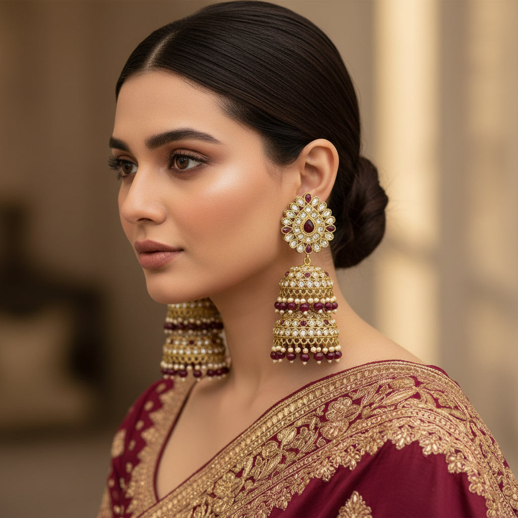 Gold and red beaded earrings on a dark stand with 'SAHELI' branding.