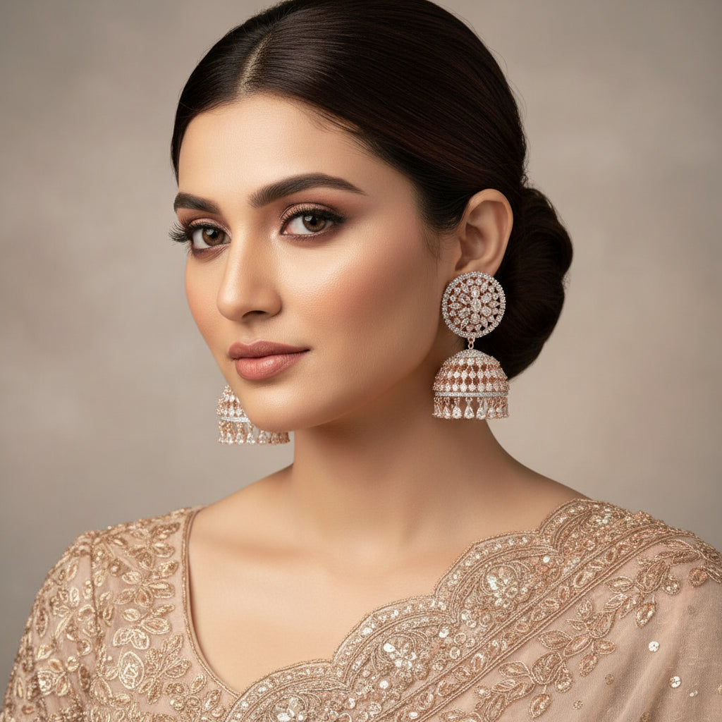 Pair of diamond earrings on a gray stand with 'SAHELI' branding.