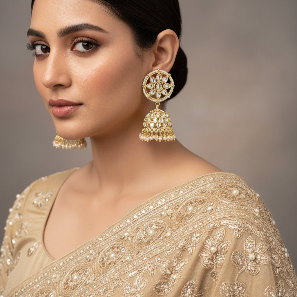 Gold and pearl earrings on a gray stand with 'SAHELL' branding.