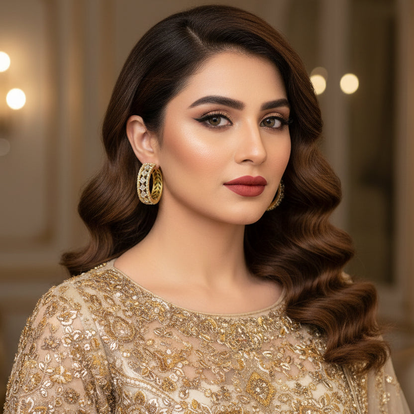 Gold hoop earrings with diamonds on a dark background, featuring the brand 'Saheli'.