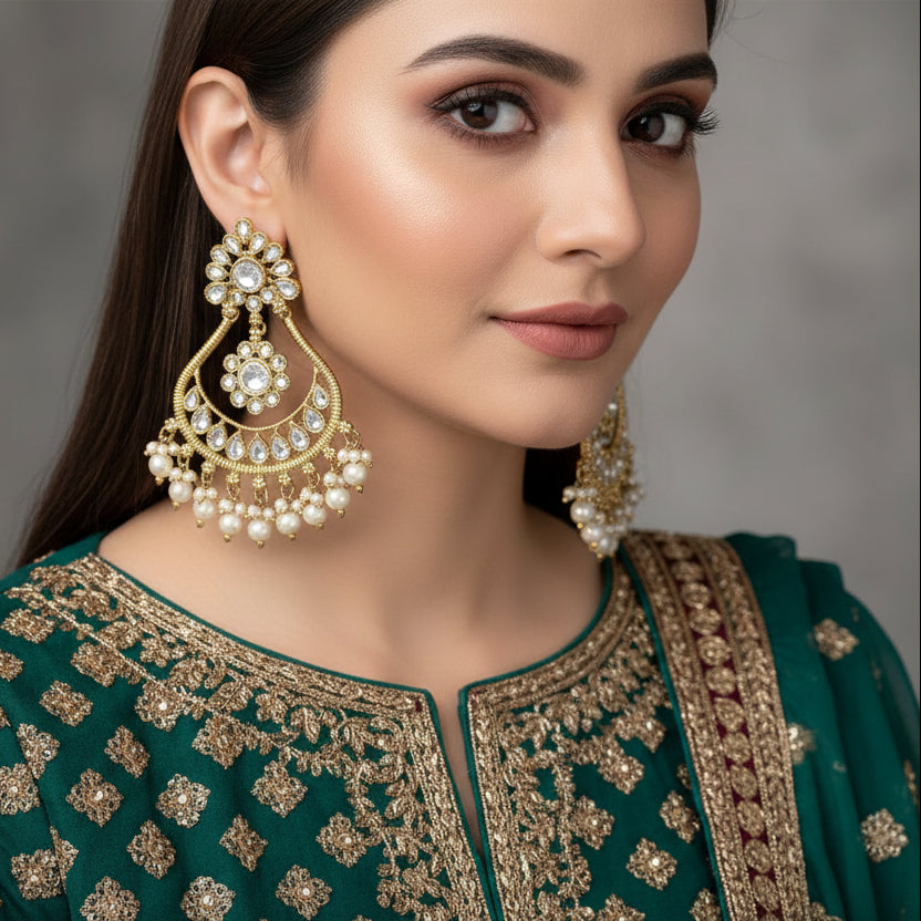 Ornate gold and pearl earrings on a dark background with 'Saheili' branding.