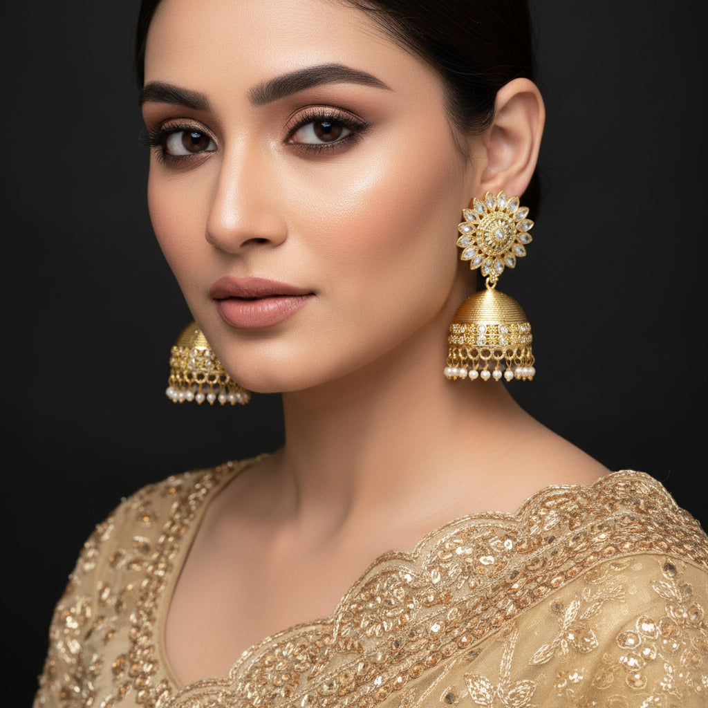 Gold jhumka earrings with intricate designs on a dark background, featuring the brand 'Saheli'.