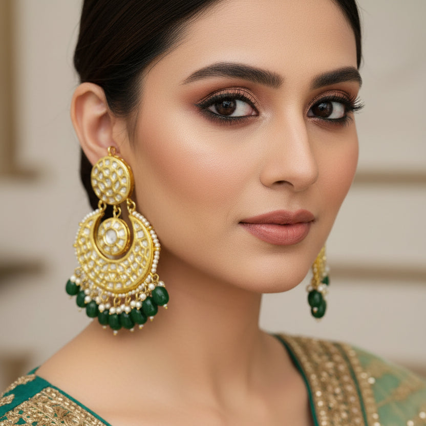 Gold and green earrings on a dark background