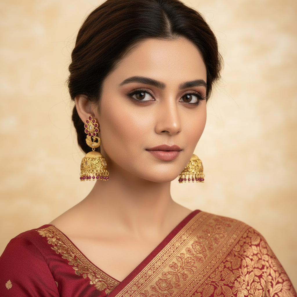 Gold earrings with red gemstones on a gray stand against a light blue background