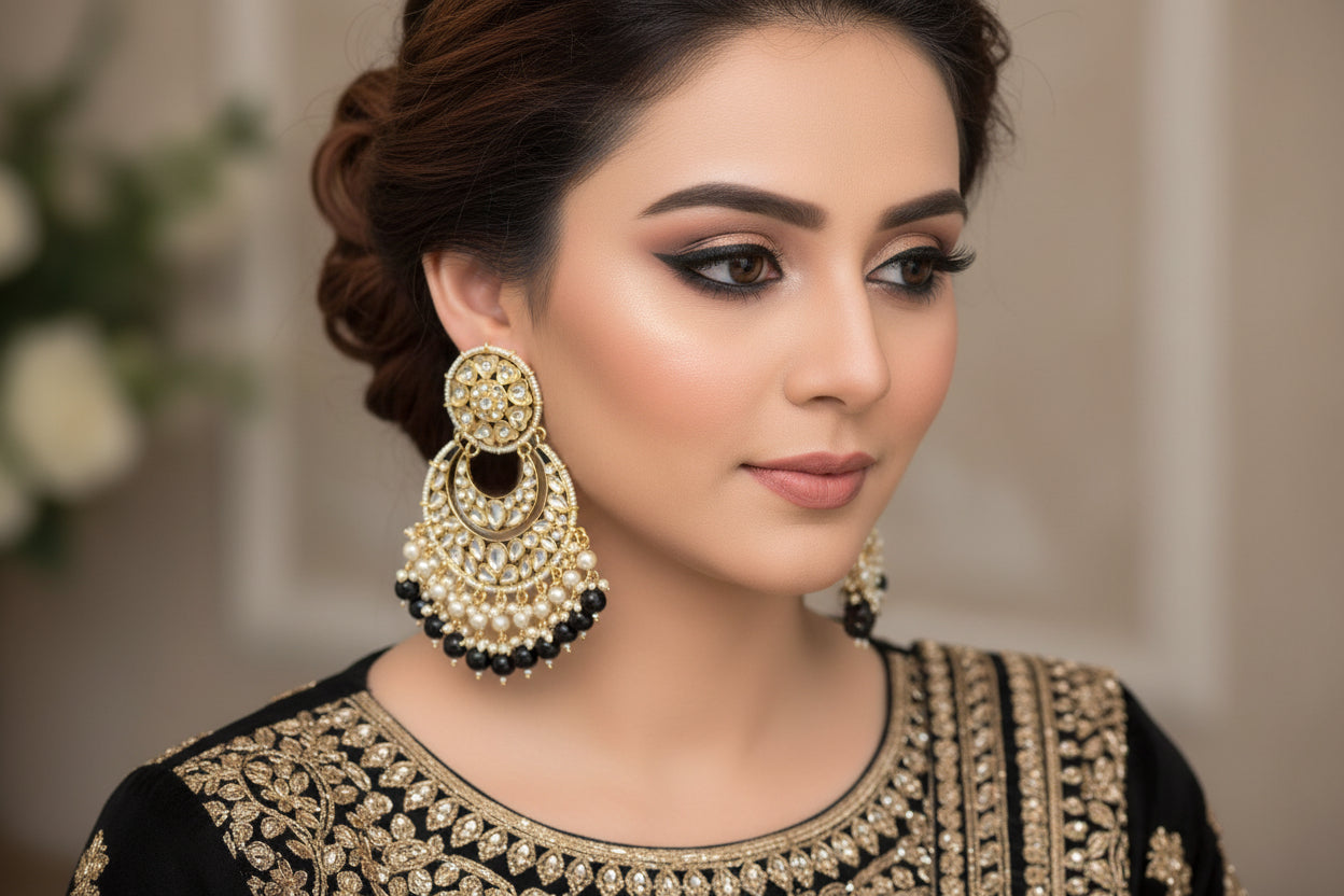 Pair of ornate earrings with pearls and black accents on a dark background