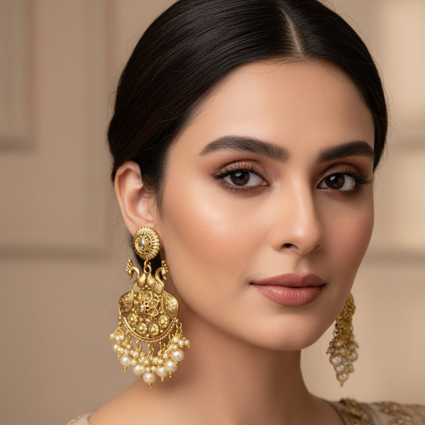 Gold earrings with peacock design and pearl accents on a black background