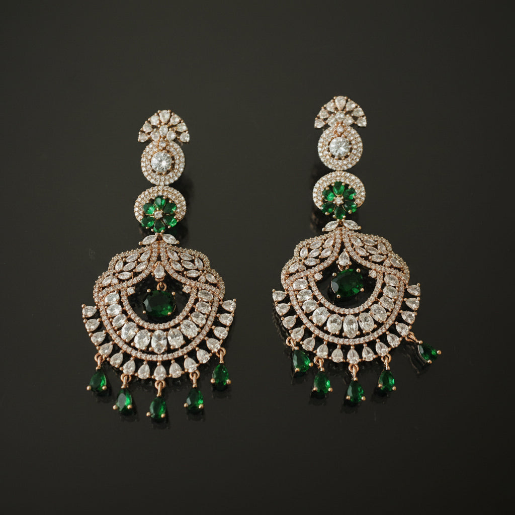 Pair of ornate earrings with green gemstones on a dark background