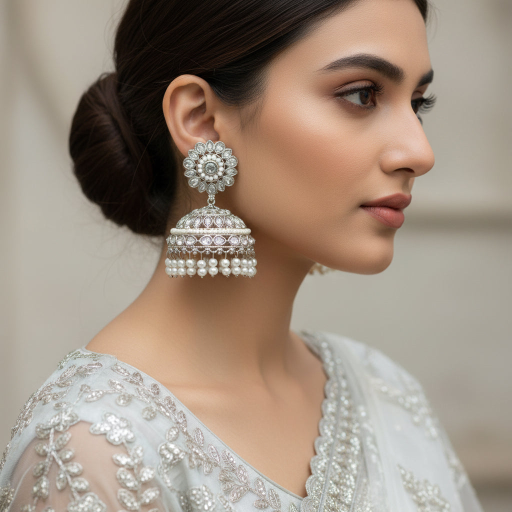 Pair of silver and pearl earrings on a dark gray background
