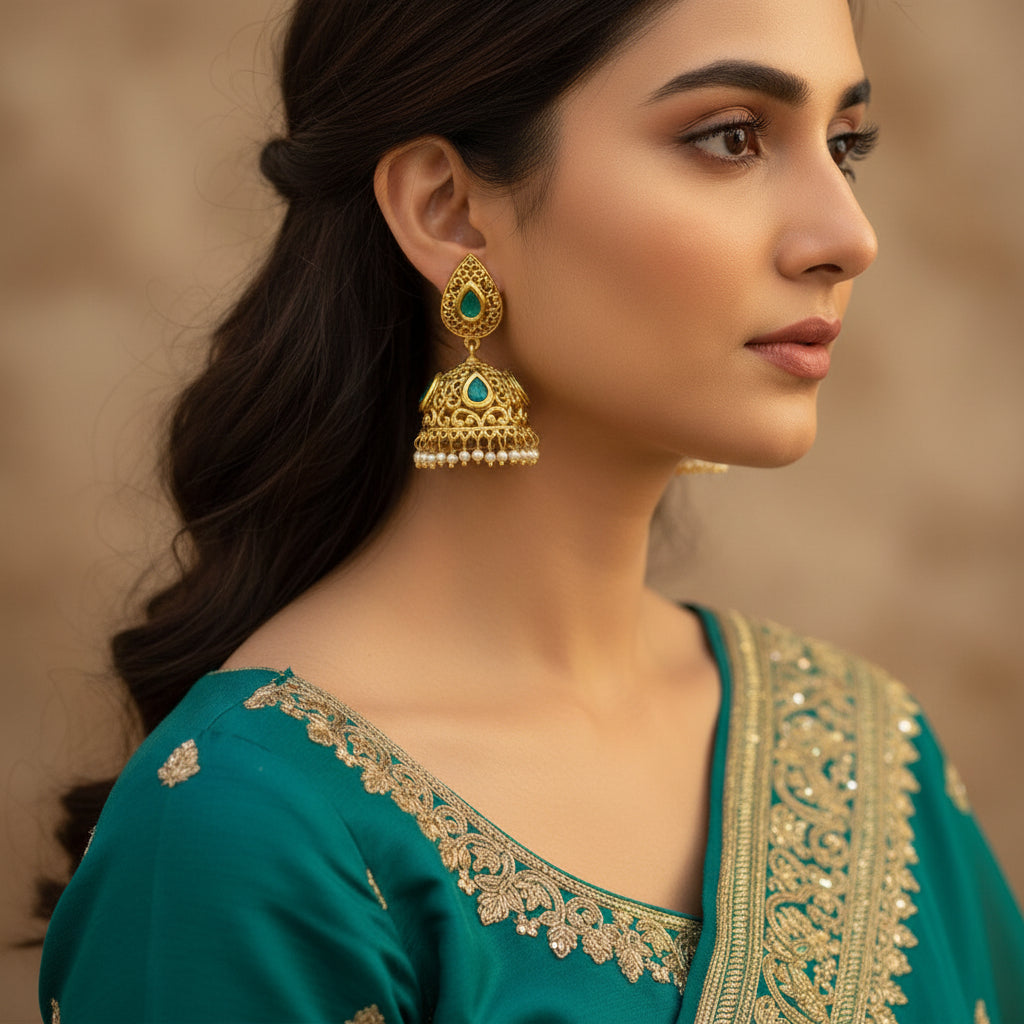 Gold earrings with green gemstones on a black stand, branded 'SAHELLI'.