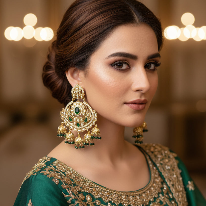 Ornate gold earrings with green stones on a dark background, featuring the brand 'Saheli'.