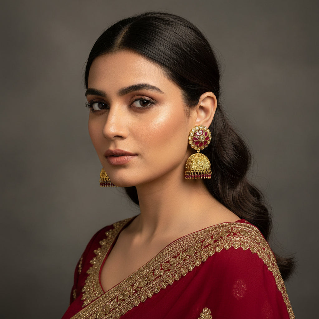 Gold and red floral earrings on a gray stand against a dark background