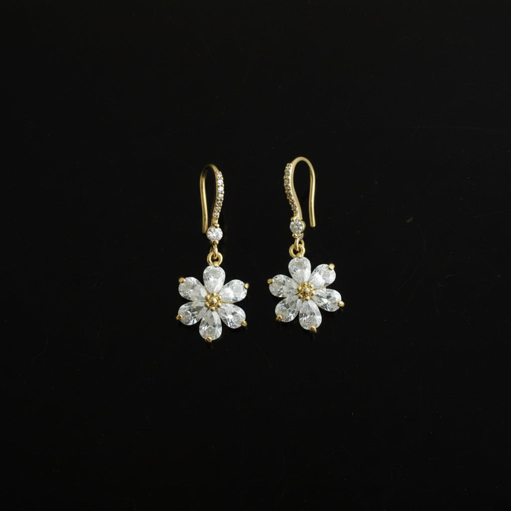 Pair of gold flower-shaped earrings on a black background