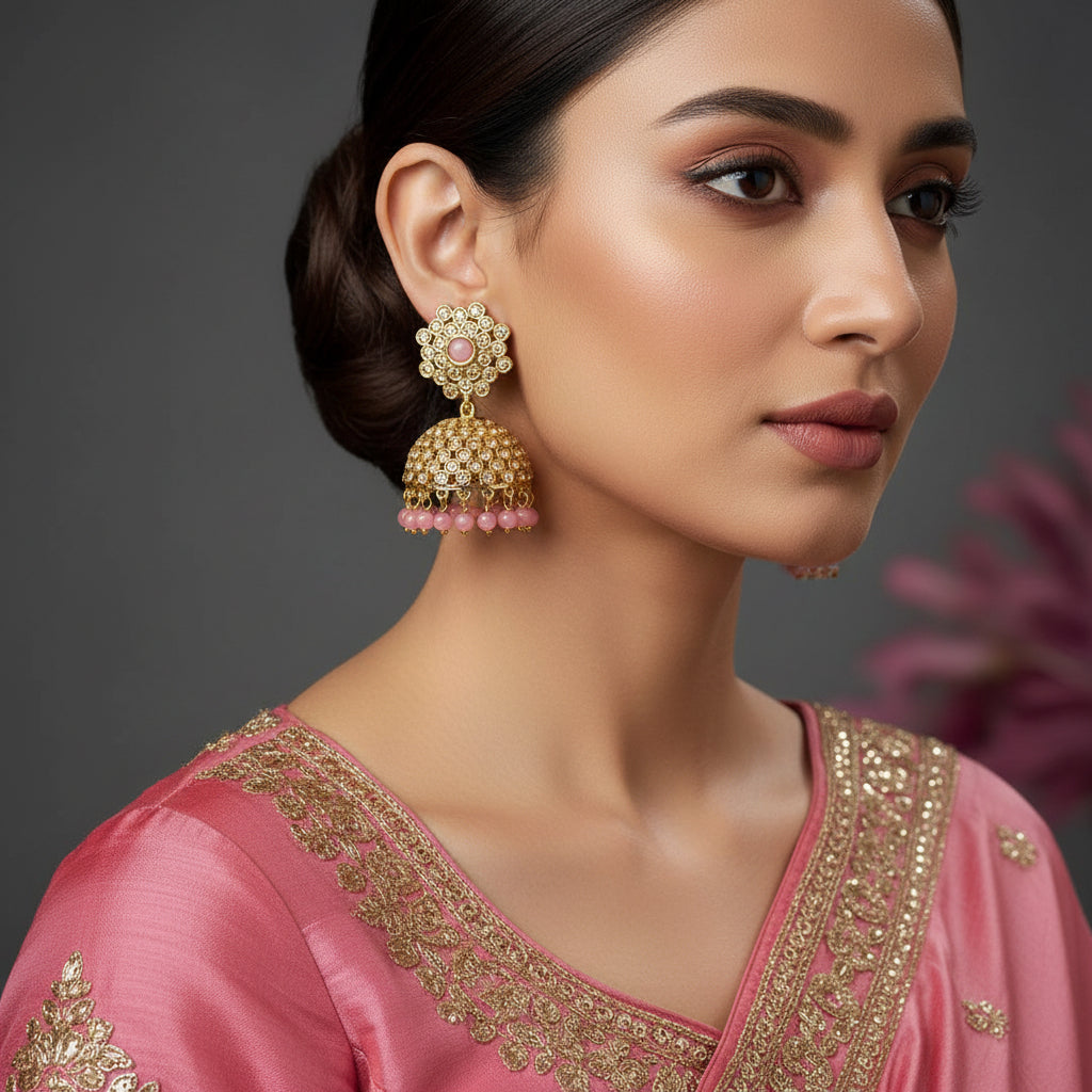 Gold earrings with pink beads on a black stand against a dark background