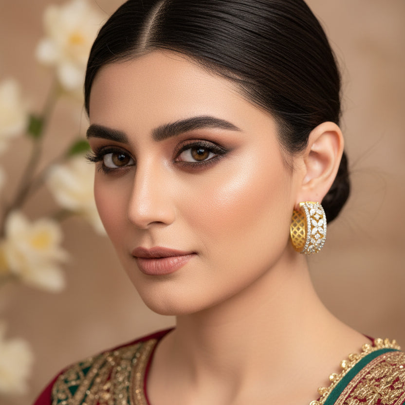 Gold hoop earrings with diamond accents on a dark background, featuring the brand 'Saheli'.
