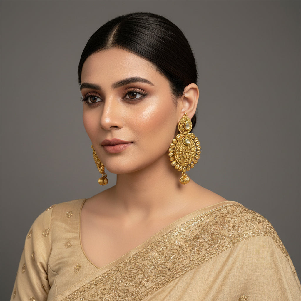 Gold earrings with intricate designs on a dark background, featuring the brand 'Saheili'.