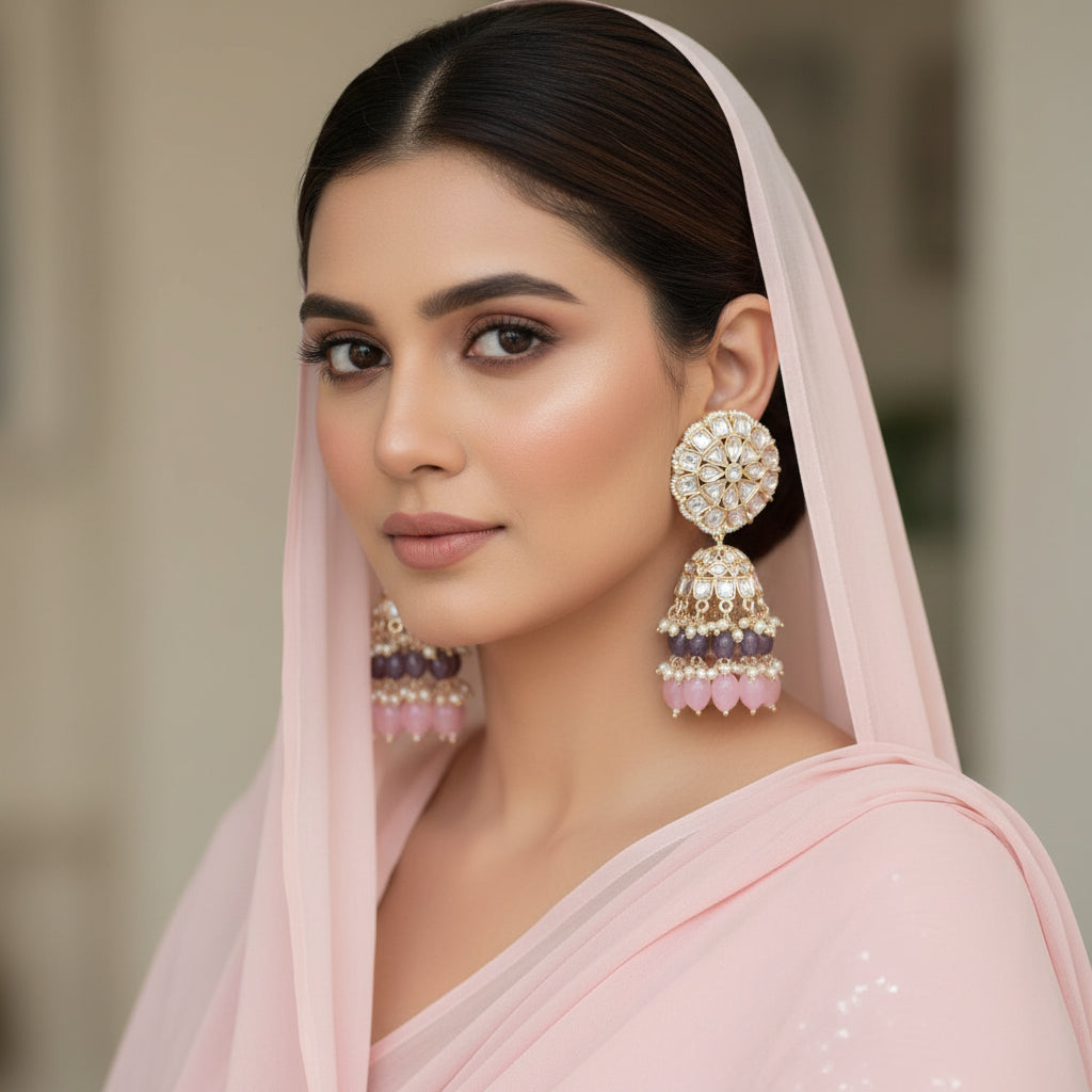 Ornate earrings with gemstones and pink beads on a dark background
