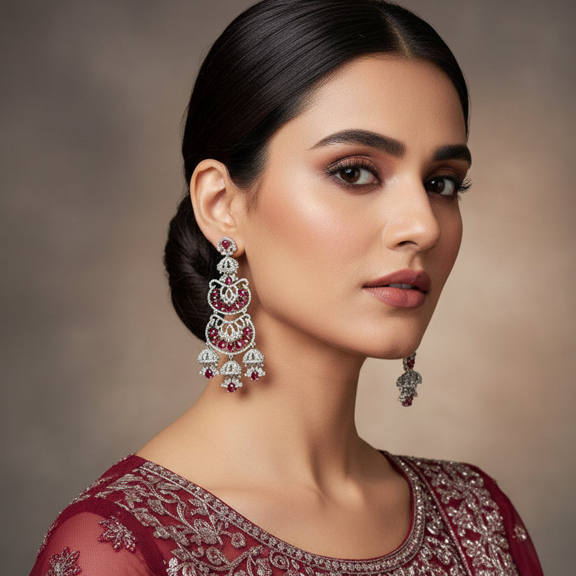 Pair of silver and red gemstone earrings on a gray background with 'Saheli' branding.