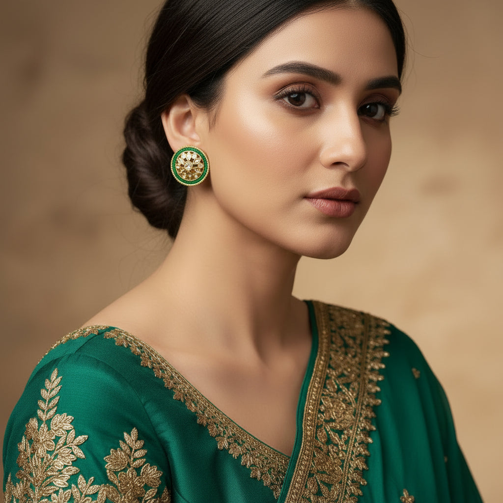 Pair of gold and green earrings on a dark background