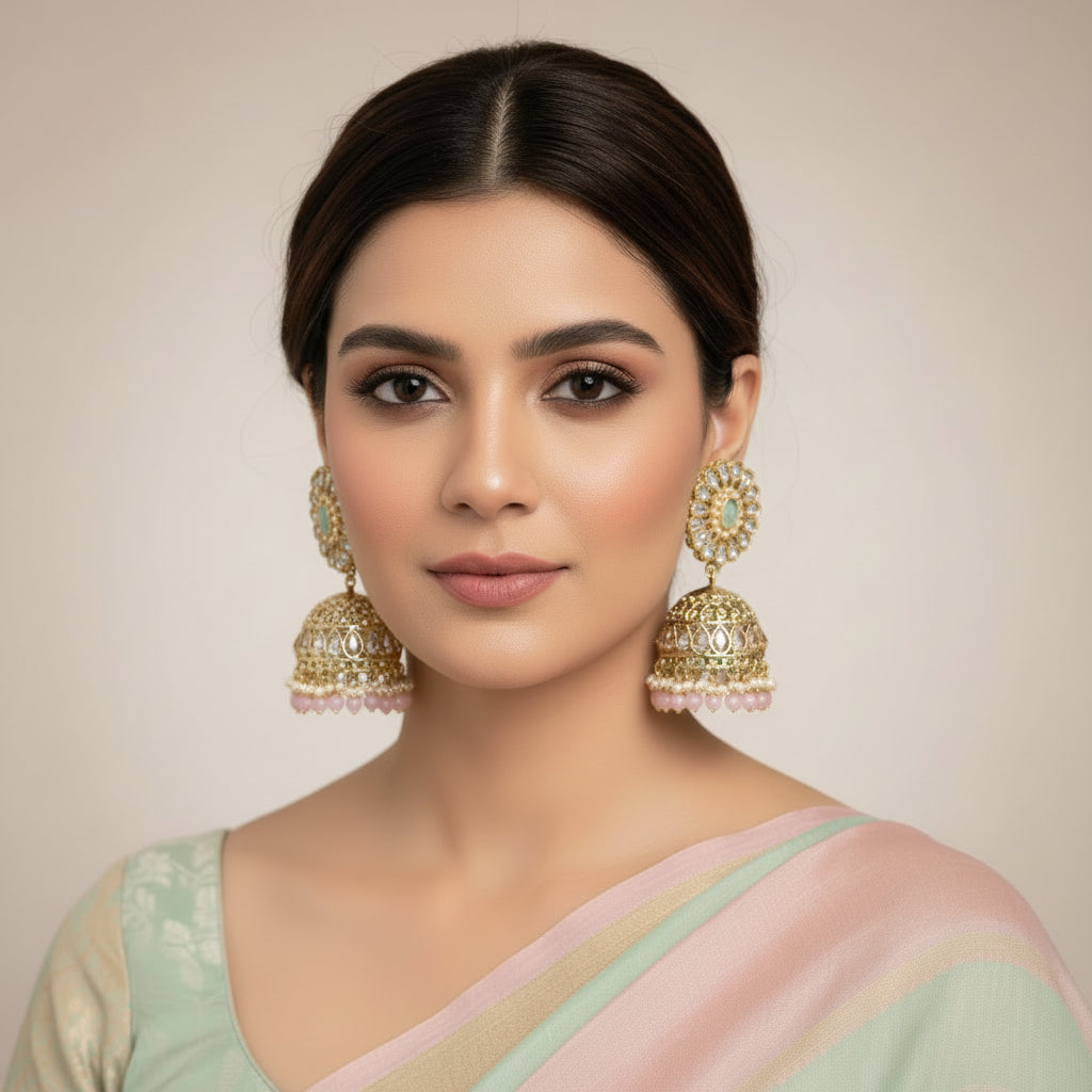 Ornate earrings with gold and gemstone details on a black background, featuring the brand 'Saheli'.