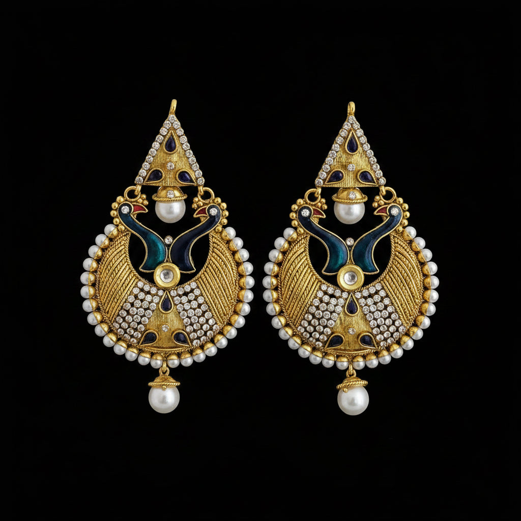 A pair of ornate gold-toned traditional Indian earrings with white faux pearls, dark blue enamel, and silver-toned stone accents, displayed on a dark reflective surface with the brand name SAHELL MY BEST FRIEND at the top.